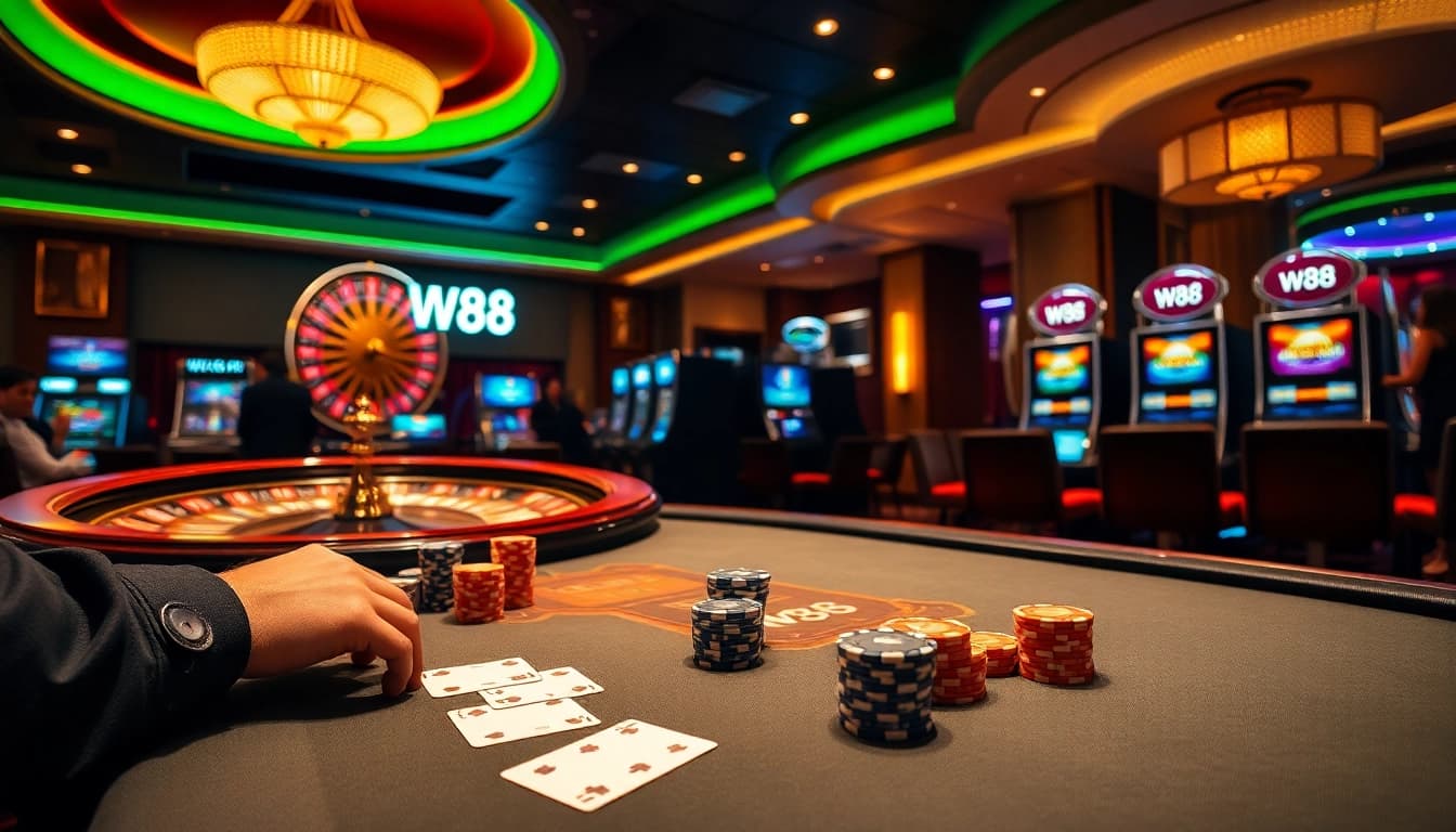 W88 casino scene featuring a luxurious poker table with high-stakes gameplay and vibrant slot machines.