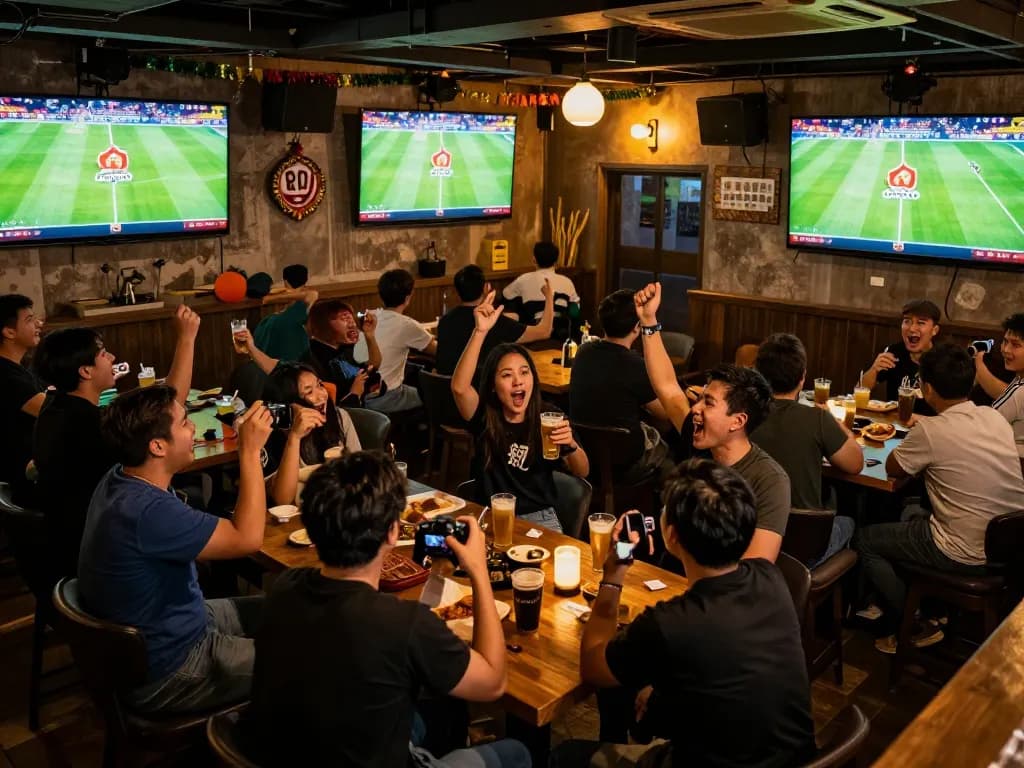 Lương Sơn TV live streaming football matches, fans cheering in sports bar environment.