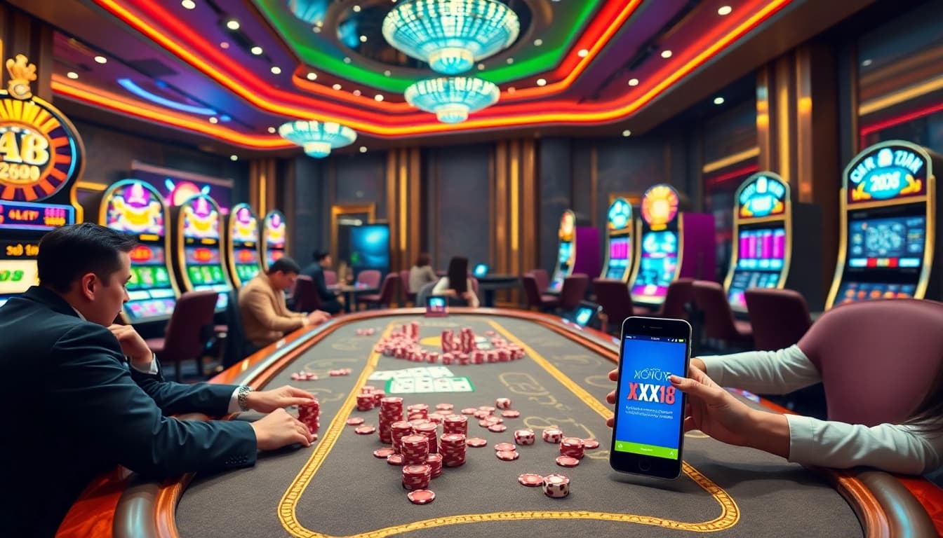 Players enjoying a thrilling game night at XX88's luxurious casino with vibrant tables and slot machines.