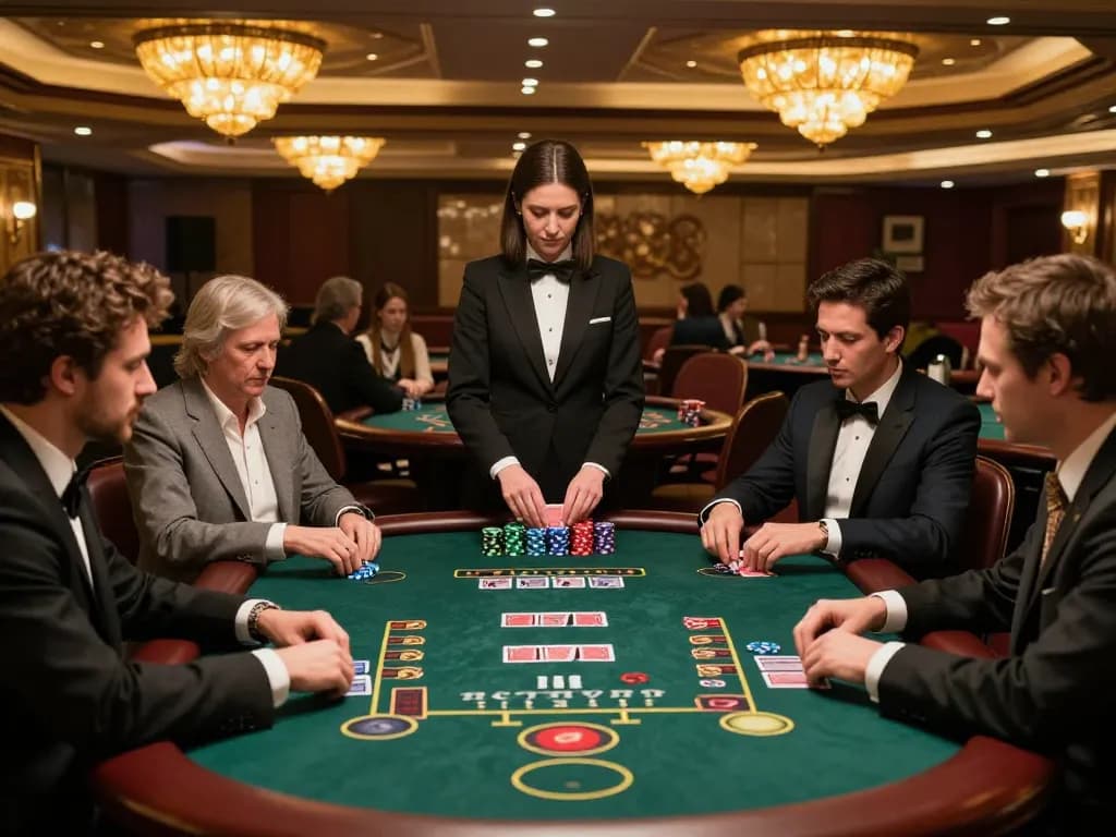 MM88 players engaging in high-stakes blackjack, showcasing vibrant gameplay in an upscale casino setting