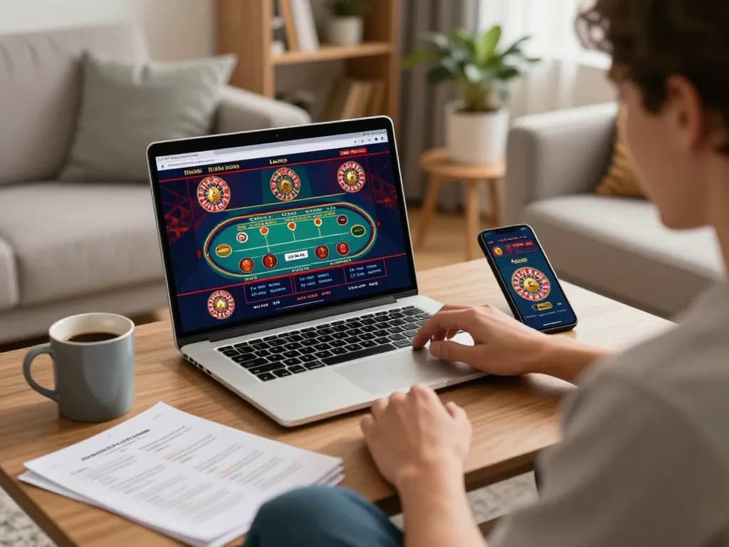 F168 online casino player engaging in live roulette game, showcasing a cozy home setup for strategic gaming.