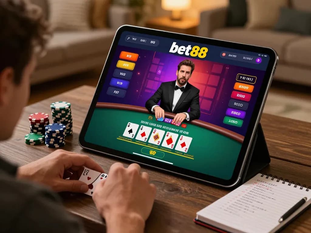 Engaging gameplay on BET88 online casino interface with live dealer interaction and poker chips