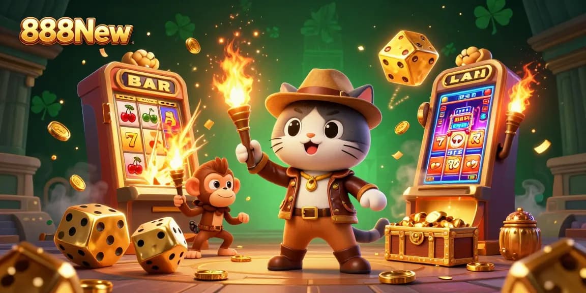 Spin to win with 888New in a vibrant 3D casino adventure featuring a cat and monkey.