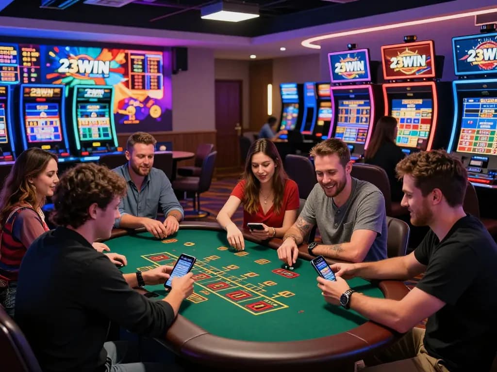 Exciting gaming atmosphere at 23WIN casino with players enjoying various games.