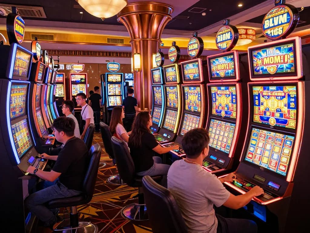 Players engaged at vibrant slot machines in a lively casino, showcasing the excitement of 7m gaming experiences