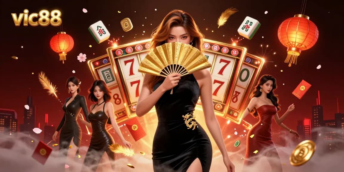 Spin the reels at vic88 with an enchanting Asian woman amidst slot games and casino elements.