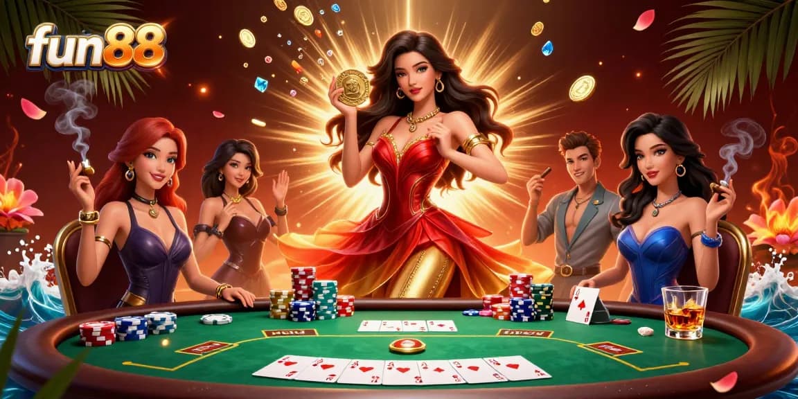 Experience fun88's thrilling casino action with a stunning Asian woman surrounded by poker, chips, and golden coins.
