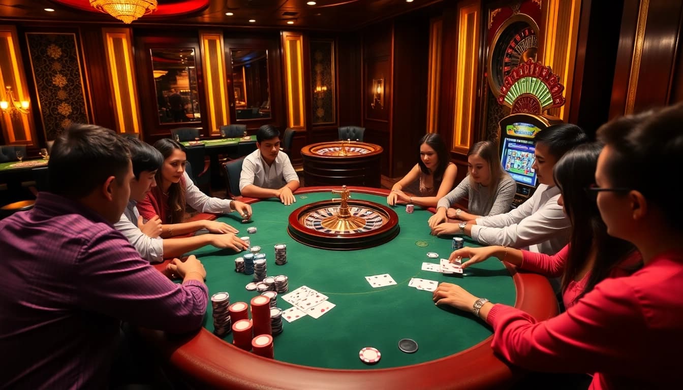 Engaging poker action at trang chủ bet88, showcasing players with chips and cards in a luxurious casino setting.