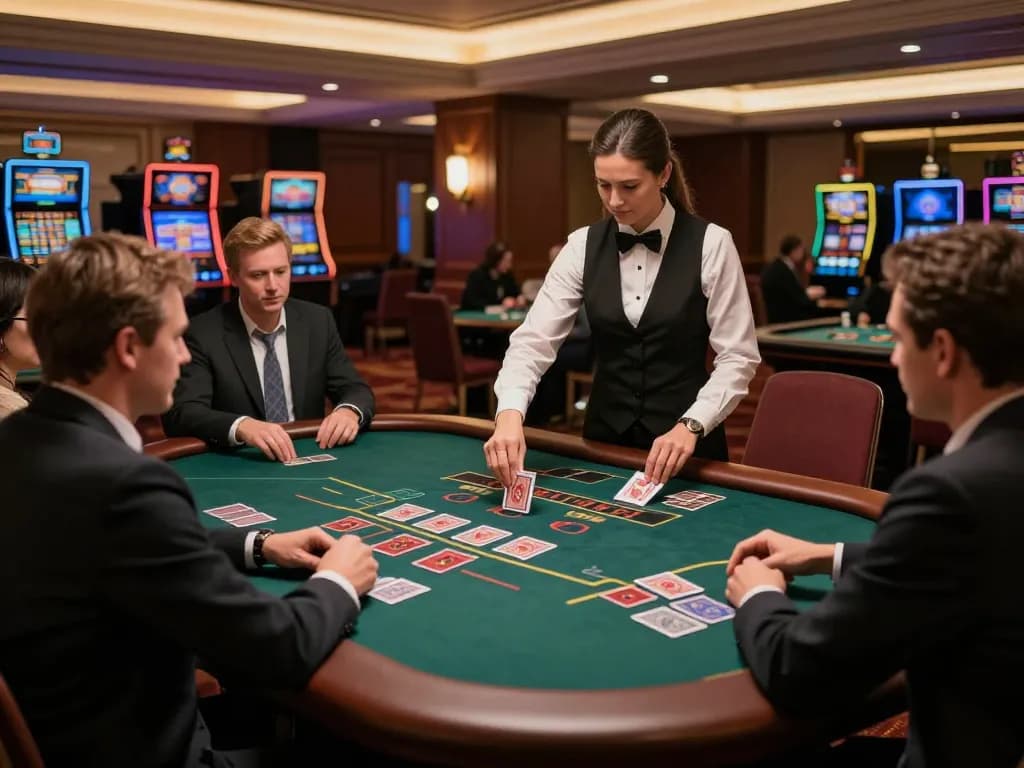 Engaged players at QH88go live dealer blackjack table enjoying high-stakes gameplay in an upscale casino setting.