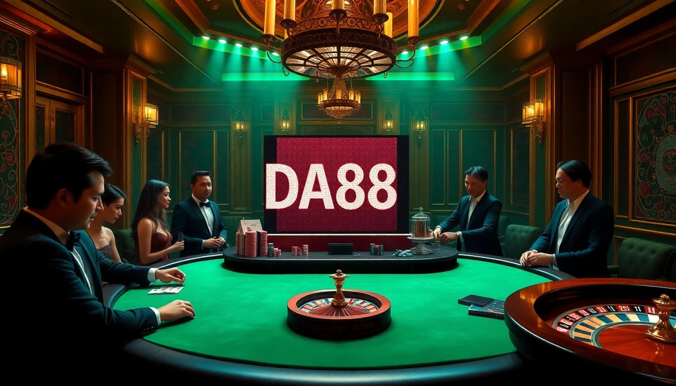 Experience the thrill at a high-stakes poker table, featuring DA88 elements, vibrant casino lights, and glamorous players.