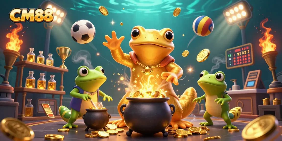 Engage with CM88's vibrant sports betting scene featuring golden coins and dynamic sports elements.
