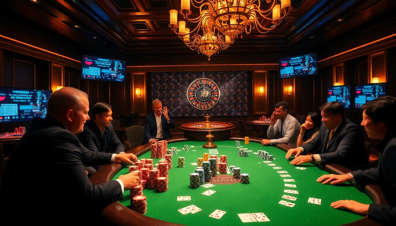 Engaging game at the hidden wiki-themed casino poker table with colorful chips and cards.