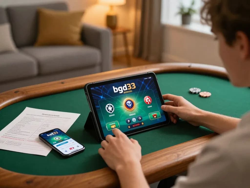Lively online gaming scene with player using bgd33 app on tablet, filled with strategy notes and warm lighting.