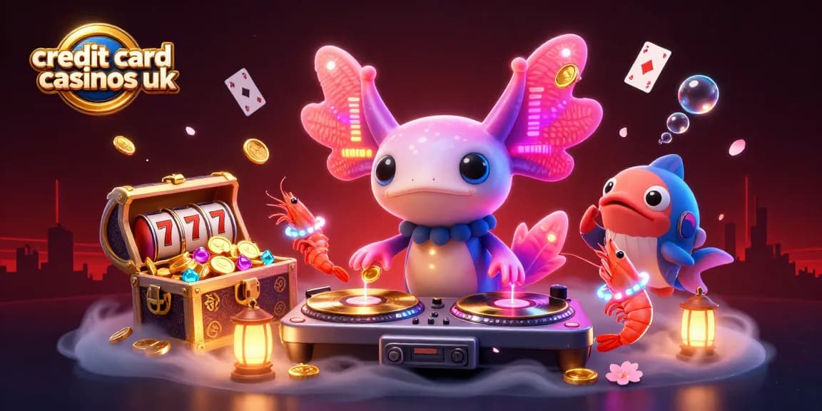 Engage with credit card casinos UK featuring a vibrant scene of an axolotl DJ and friends celebrating with slot reels.