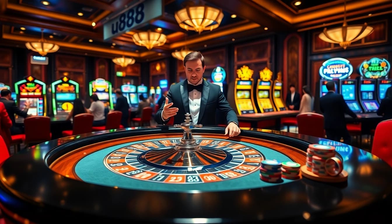 Experience the thrilling atmosphere of u888 gaming at a luxurious roulette table with colorful chips and elegant decor.