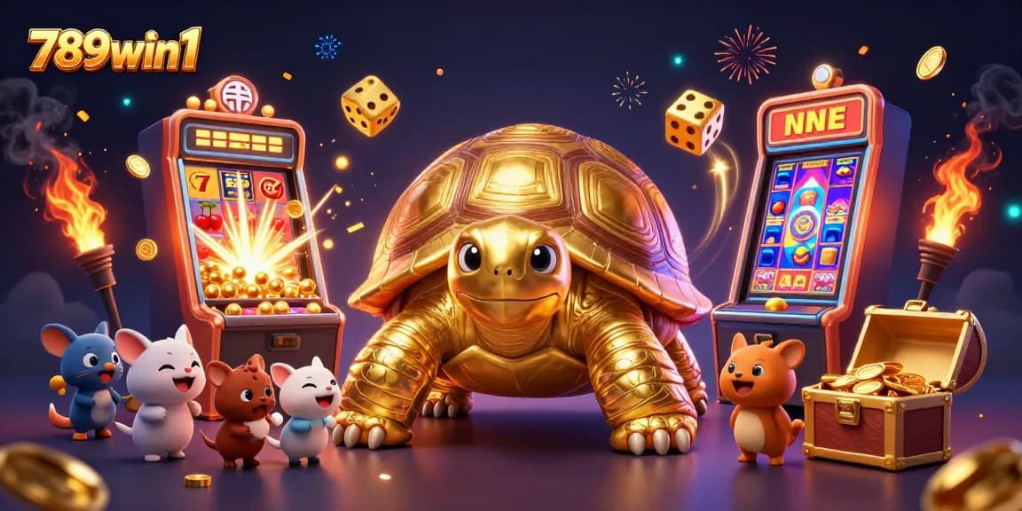 Experience the excitement at 789win1 with a lively golden tortoise-themed casino illustration.