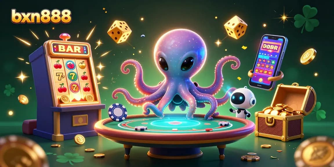 Experience thrilling gameplay with bxn888 as an octopus maneuvers a holographic poker table amid explosive jackpots.
