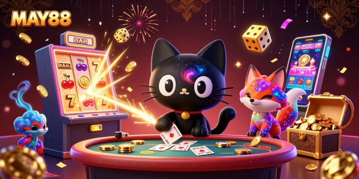 MAY88 attracts players with a vibrant casino scene featuring luck and excitement in a cosmic setting.