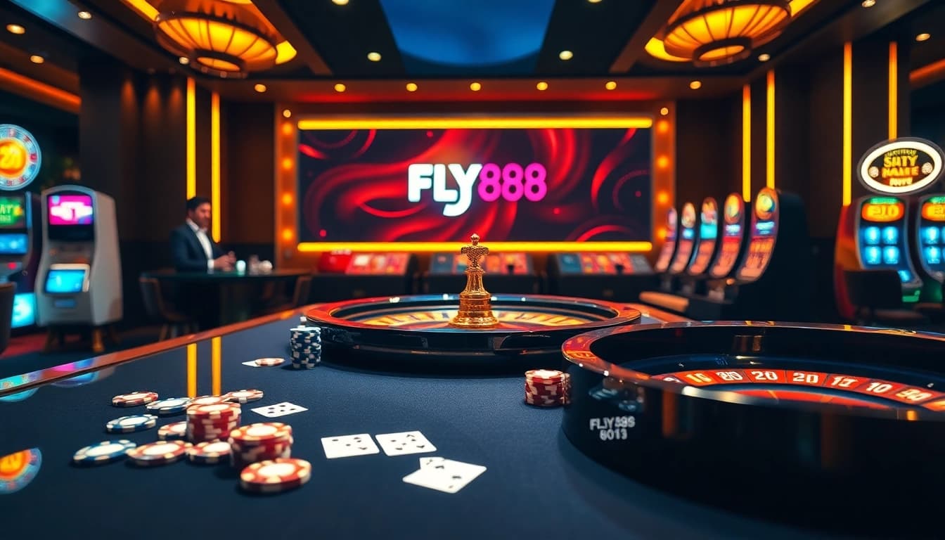 Experience the thrill of FLY88 with casino tables, cards, and vibrant gambling elements.