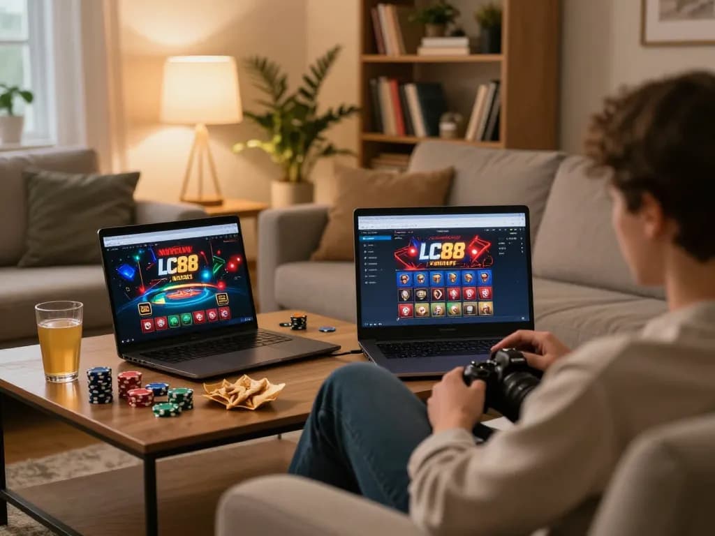 Engaged user playing on the LC88 gaming platform from home, illustrating online casino gaming