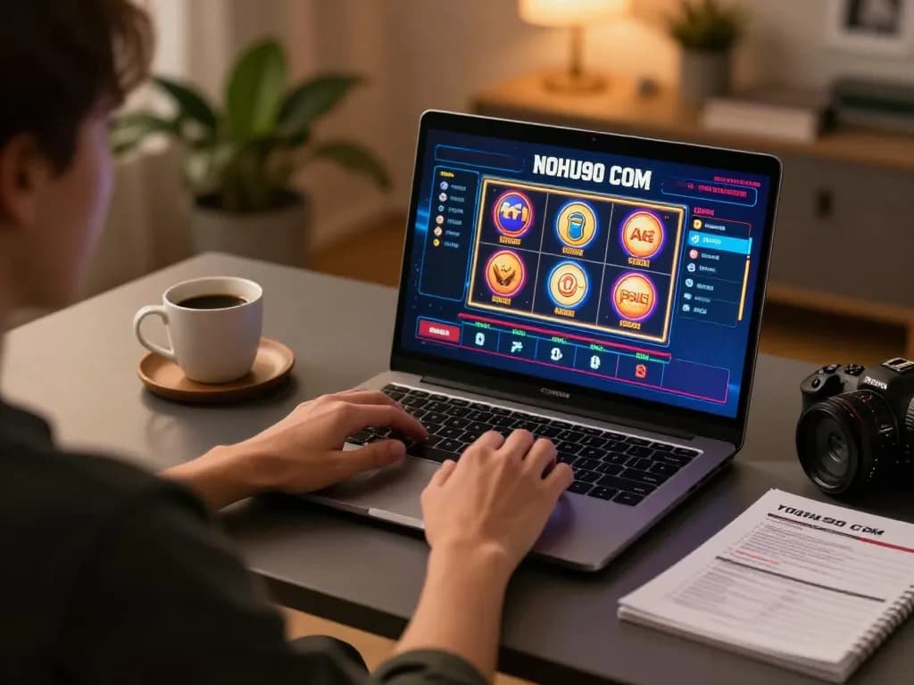 Engaging in NOHU90 COM online gaming, a person strategizing over a laptop in a cozy setting.