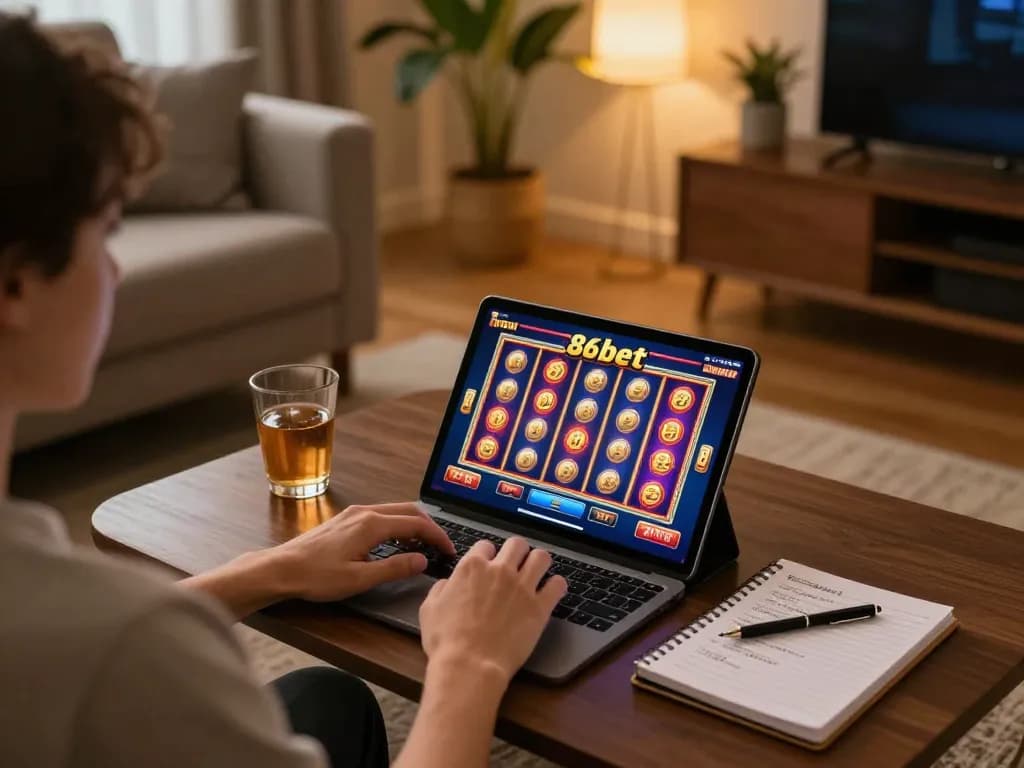 Player enjoying online slots on 86bet tablet in a cozy home setting, showcasing a strategic gaming experience.