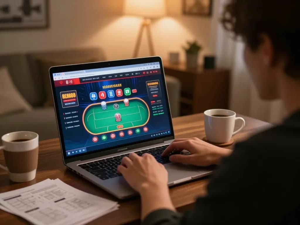 Engaging user on red888 casino platform, focused on online poker game with strategic notes nearby.
