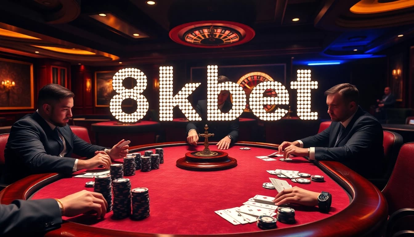 Engage with high-stakes poker at 8kbet, showcasing a vibrant casino scene with players and chips.