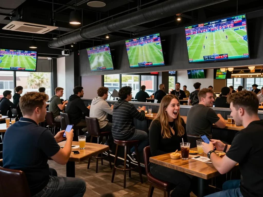 Fabet users placing strategic bets in a lively sports bar setting with enthusiastic crowds.