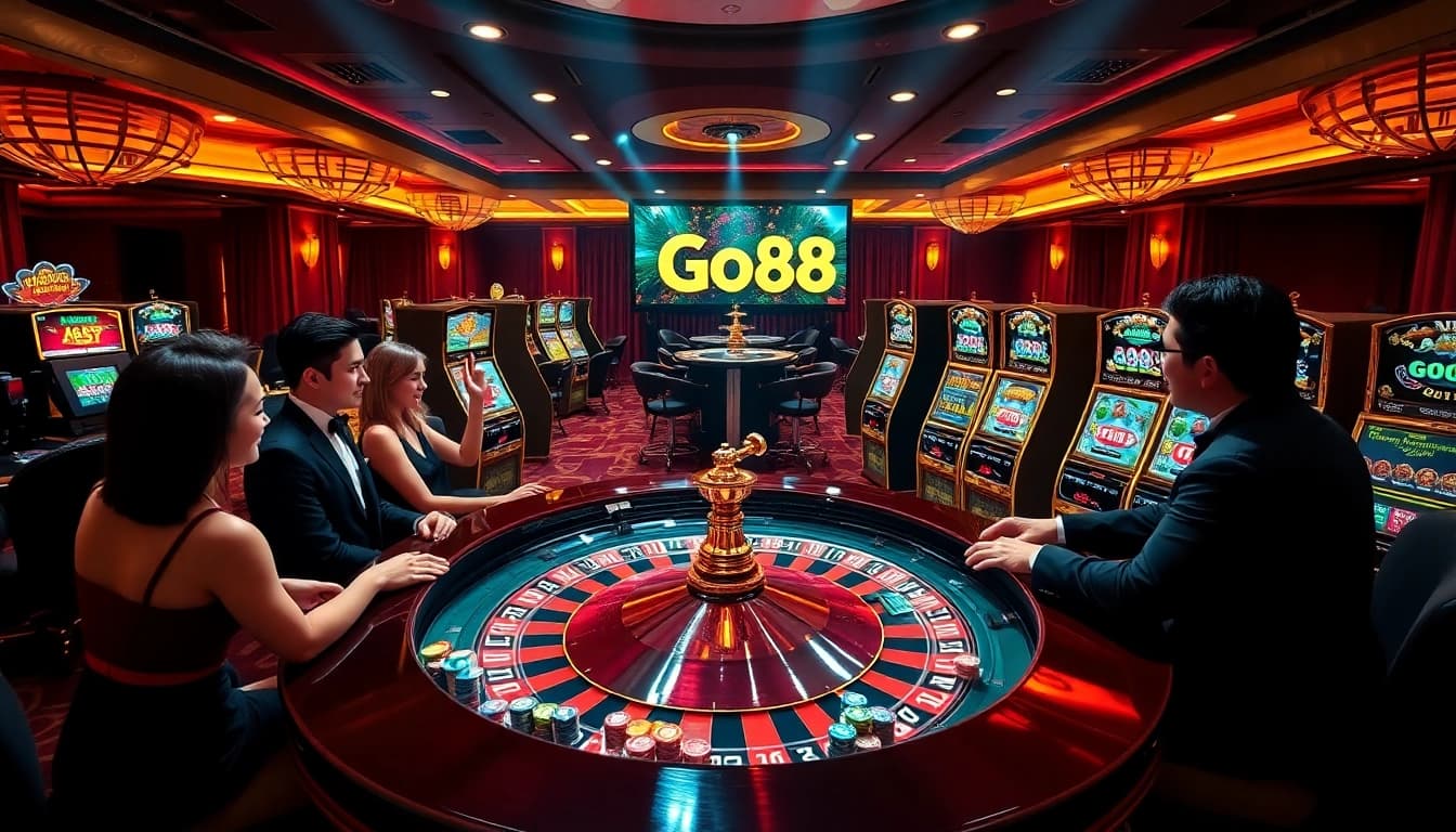 Players enjoying thrilling casino games at a go88-themed gaming area