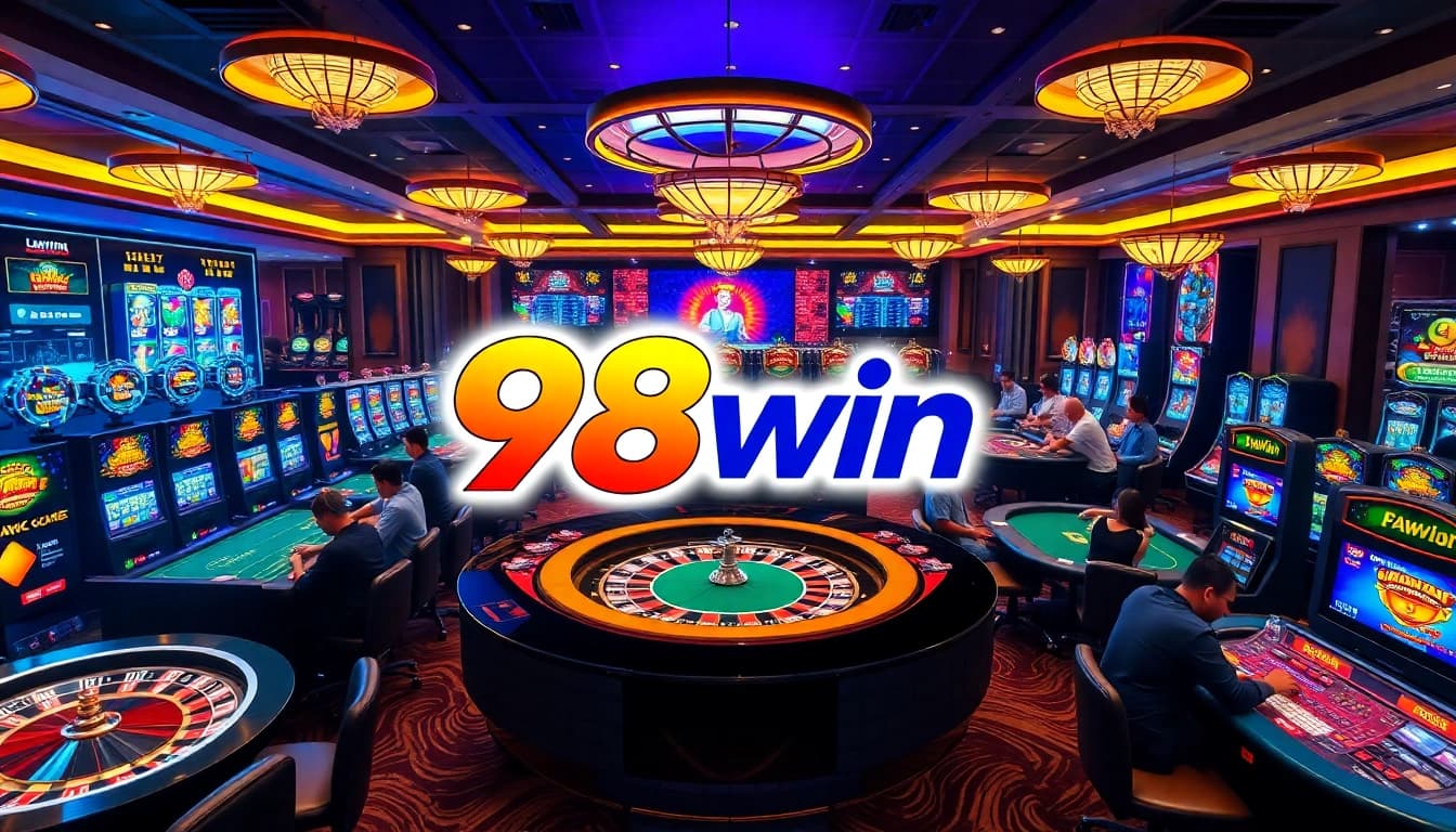 Players enjoy an exciting game of poker at 98win casino, showcasing vibrant colors and high stakes.