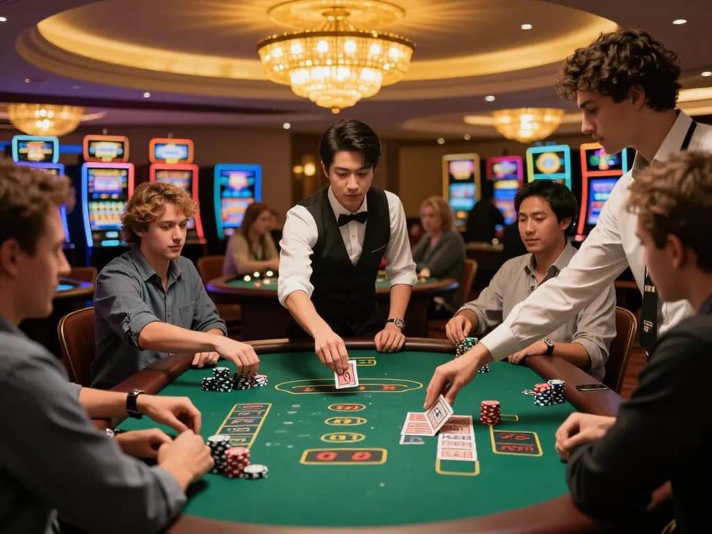 Players enjoy blackjack at the lively casino table while visiting https://lode884.co.com/ for winning strategies