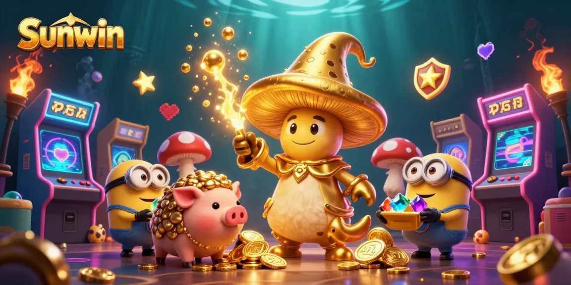 Sunwin enhances gaming excitement with magical golden characters and vibrant casino elements.