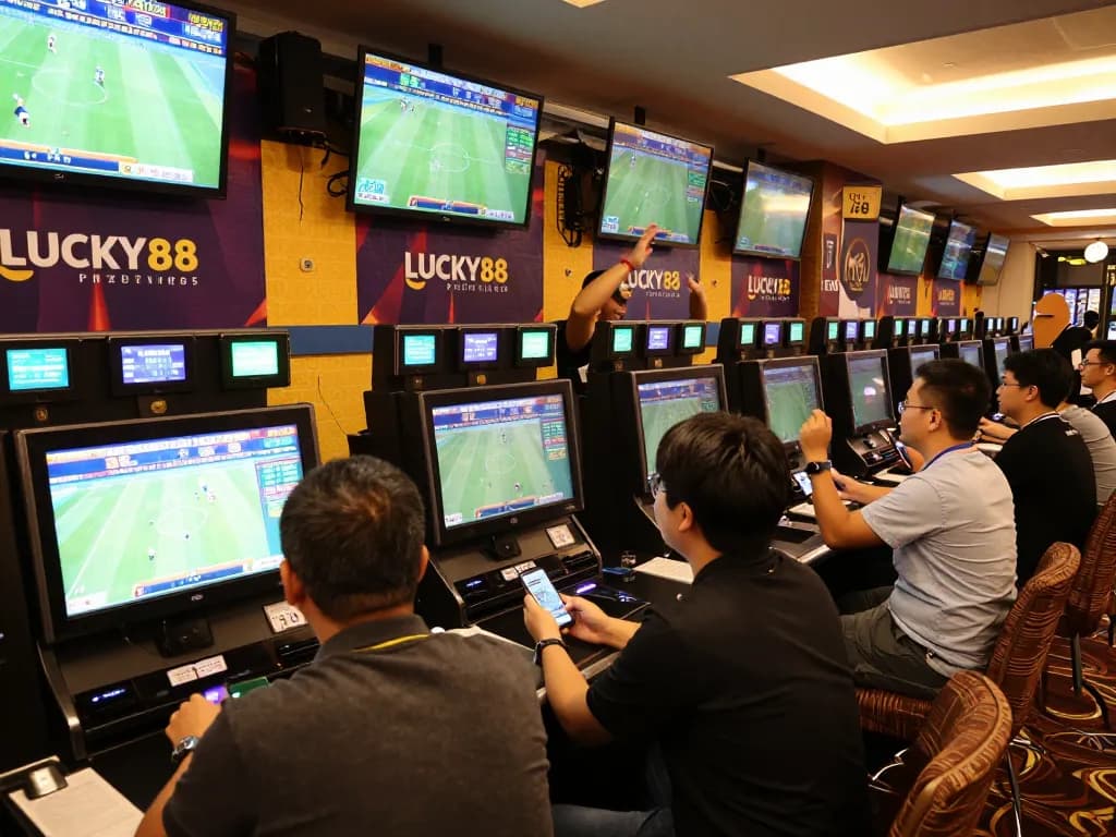 LUCKY88 engaging sports betting scene with enthusiastic fans placing bets on smartphones amidst vibrant atmosphere