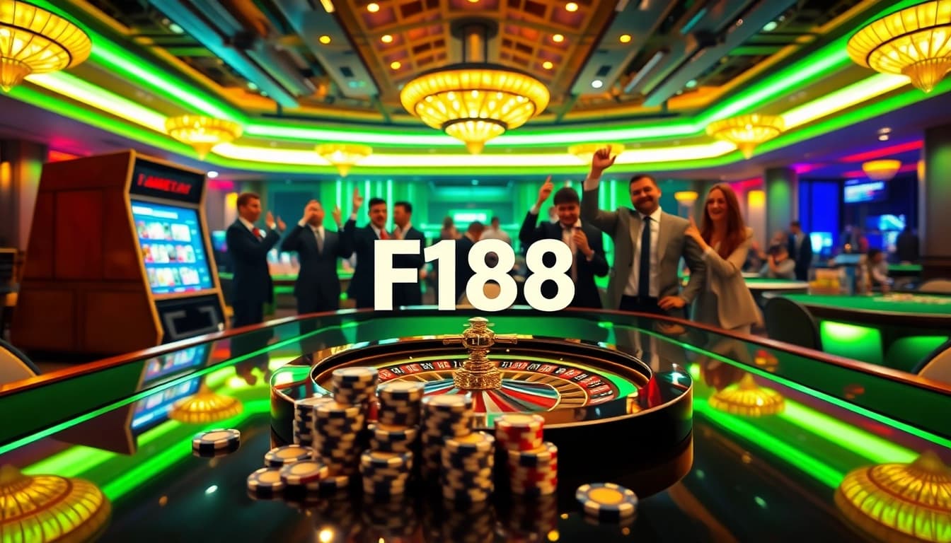 F168 casino excitement with vibrant games, tables, and players enjoying high-stakes action.