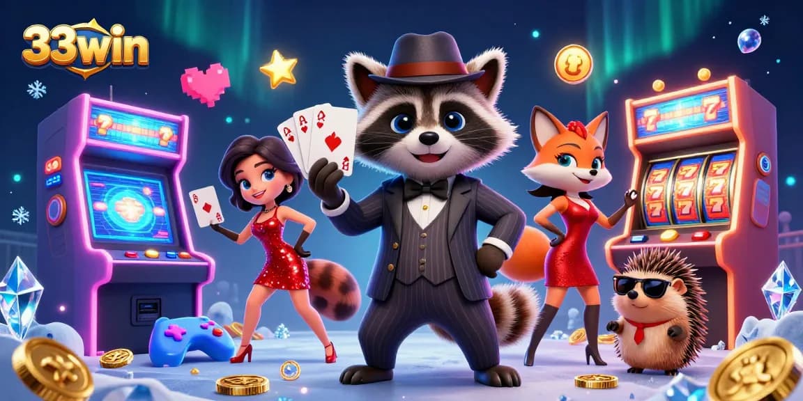 Play exciting games at 33win with a colorful scene featuring a raccoon holding a royal flush.