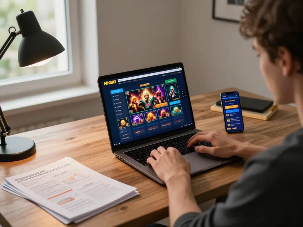 Engaging online gaming scene showing NK88 casino interface on laptop with strategy guides