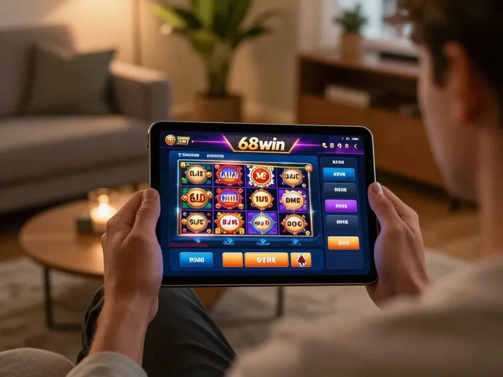 Player enjoying a vibrant 68win casino gaming session on a tablet in a cozy home setting.