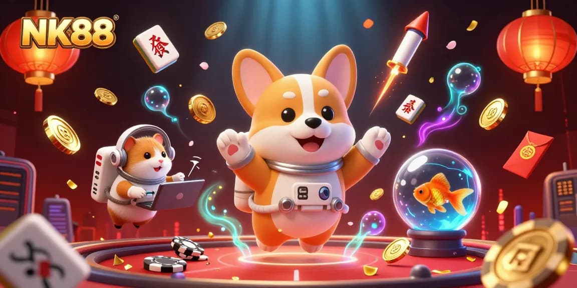 Experience excitement at NK88 with an astronaut corgi and floating poker chips in a vibrant casino scene.