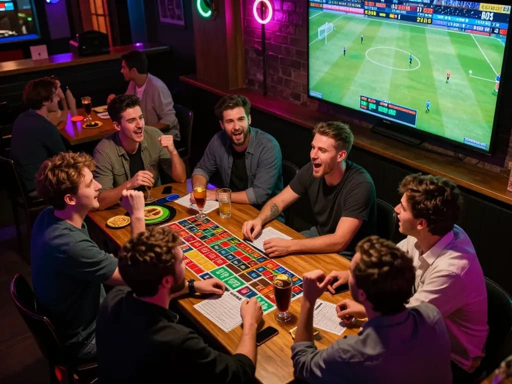 Friends enjoying sports betting at a lively bar, analyzing odds for better winnings on nhandinhkeonhacai.