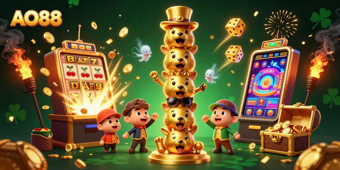 Engage with the thrilling AO88 casino experience surrounded by vibrant slot machine and game elements.