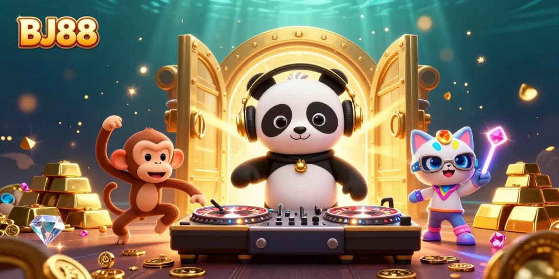 Experience BJ88's vibrant online casino scene with animated characters celebrating gambling wins.