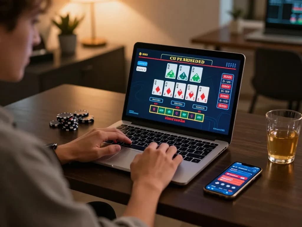 man88 player engaging with online blackjack table on laptop in stylish home office