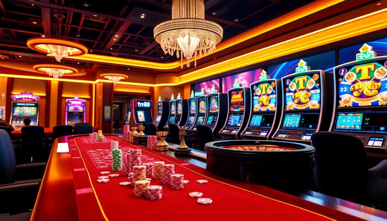 A stunning online casino atmosphere featuring the tr88 game with vibrant slot machines and players enjoying card games.