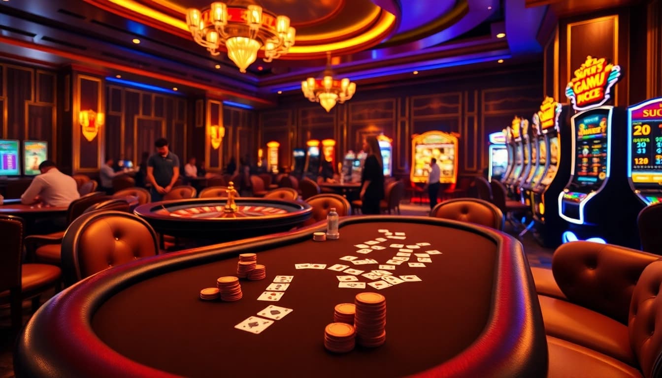 Exciting scene at thabet casino with players enjoying poker and slots.