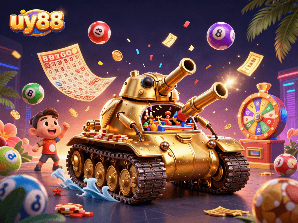 Experience the excitement of uy88 with a vibrant casino tank illustration and colorful game elements.