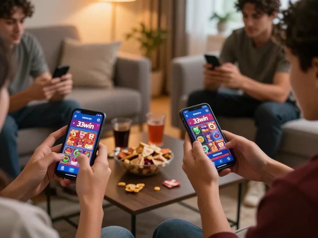 Players enjoying the 33win mobile app with excitement and snacks in a cozy atmosphere.
