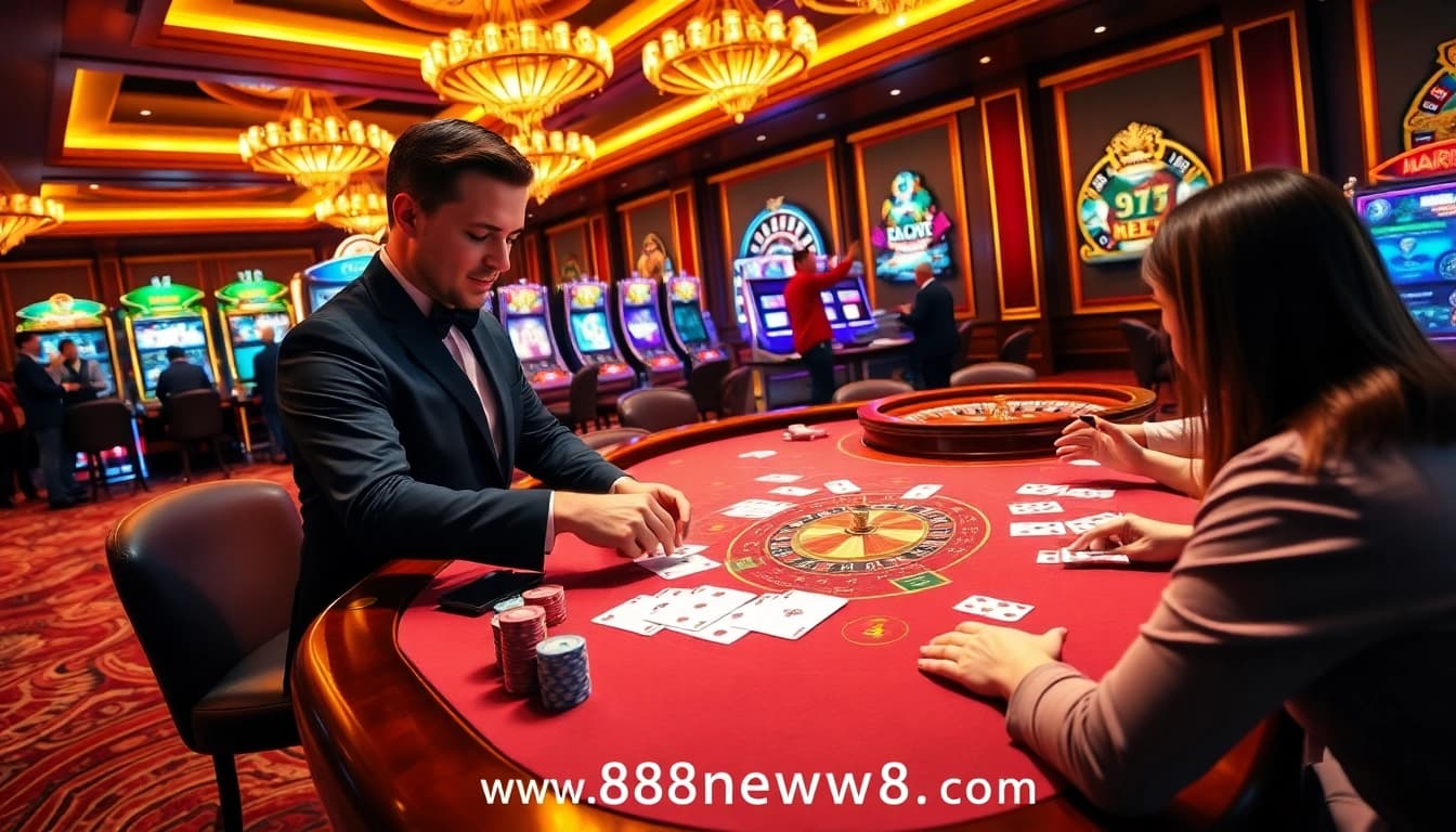 Experience the excitement of online gaming at https://888neww8.com/ with players engaged at a luxurious casino table.