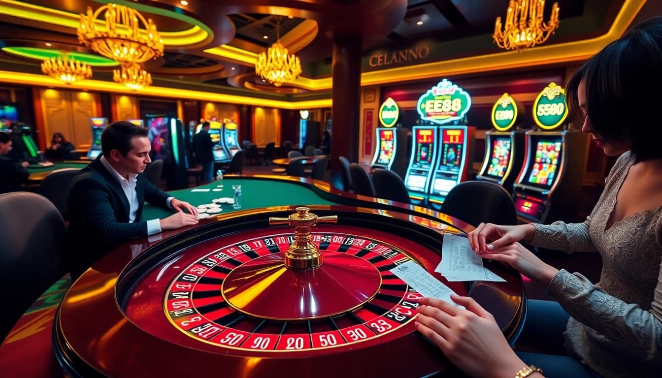 Players enjoying a thrilling game experience at EE88 online casino with vibrant slot machines.