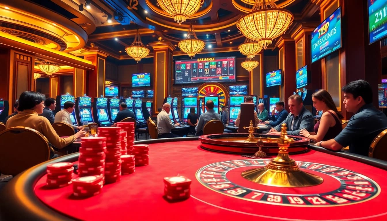 A lively casino scene showcasing players engaging with 789p gaming elements like roulette and poker, highlighting excitement and strategy.